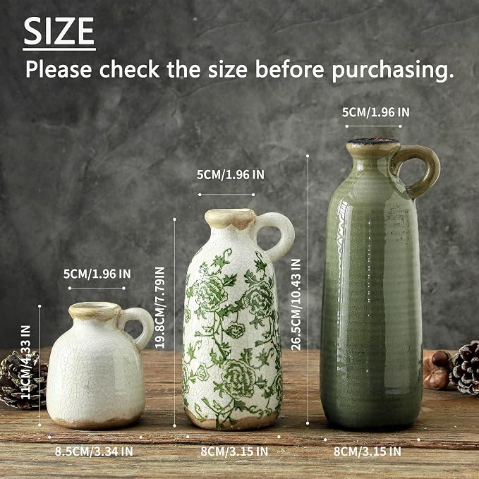 Vintage Vase Set of 3 with Handle, Ceramic Vintage Rustic Vases Home Decor Farmhouse Decorative Vase Pottery Decor Modern for Table Mantel Entryway Bookshelf Living Room Kitchen Bedroom - Green - Image 2
