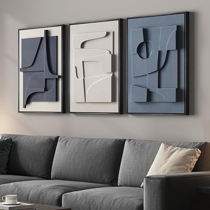 3D Textured Framed Blue and White Abstract Wall Art, 3 Piece Modern Artwork for Walls, Minimalist Navy Blue Geometric Wall Paintings for Living Room, Bedroom, Dining Room, Office Wall Decor 16x24 In by Cuspin