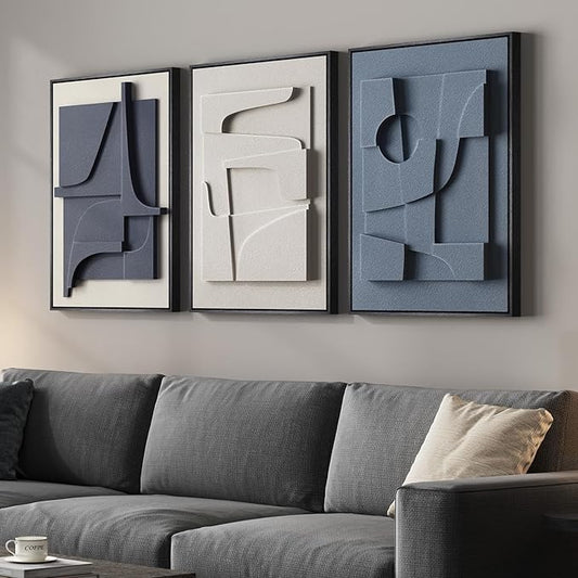 3D Textured Framed Blue and White Abstract Wall Art, 3 Piece Modern Artwork for Walls, Minimalist Navy Blue Geometric Wall Paintings for Living Room, Bedroom, Dining Room, Office Wall Decor 16x24 In by Cuspin