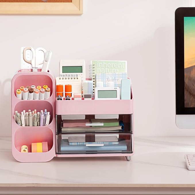 HBlife Desk Organizer with Pen Pencil Holder for Desk, Pen Organizer with 2 Drawers, Desk Organizers and Accessories with 4 Compartments, Desktop Storage for Office Home School Art Supplies, Pink - Image 3