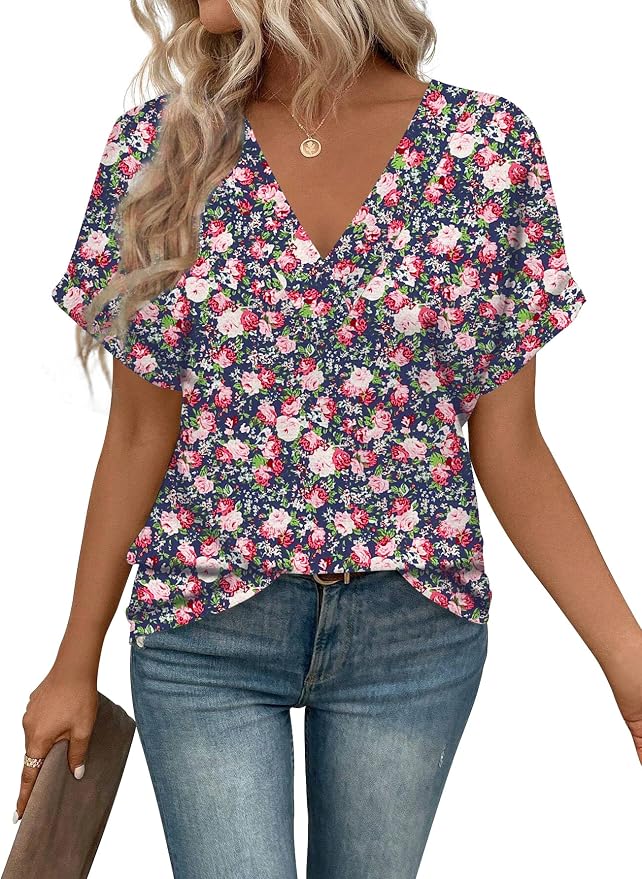T Shirts Short Sleeve V Neck Tees Womens Tops Beach Vacation Fashion Clothes 2026 Casual Summer Spring Fall Outfits by EyMuseWomensTops