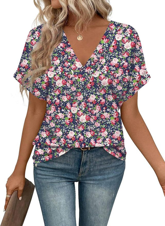 T Shirts Short Sleeve V Neck Tees Womens Tops Beach Vacation Fashion Clothes 2026 Casual Summer Spring Fall Outfits by EyMuseWomensTops