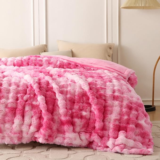 COOVA Faux Fur Throw Blanket for Couch, Cozy Soft and Fuzzy Plush Rabbit Fur Bubble Blanket for Sofa Bedroom Living Room, 50x60 Inches Tie Dye Pink - Image 4