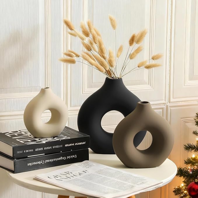 Vanselia Ceramic Vase Home Table Decor - Flower Vases Set of 3 Small Living Room Centerpiece Decorations for Shelf Bedroom Office Kitchen Dining Desk Modern Aesthetic Farmhouse Decorative (Classic) - Image 3