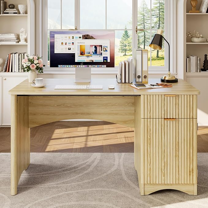 Bestier 47 inch Fluted Computer Desk with Drawer, Office Desk with File Cabinet, Modern Wood Desk with Storage Cabinet for Home Office Bedroom Study, Natural Oak by Bestier