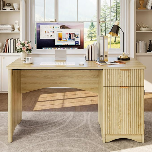 Bestier 47 inch Fluted Computer Desk with Drawer, Office Desk with File Cabinet, Modern Wood Desk with Storage Cabinet for Home Office Bedroom Study, Natural Oak by Bestier