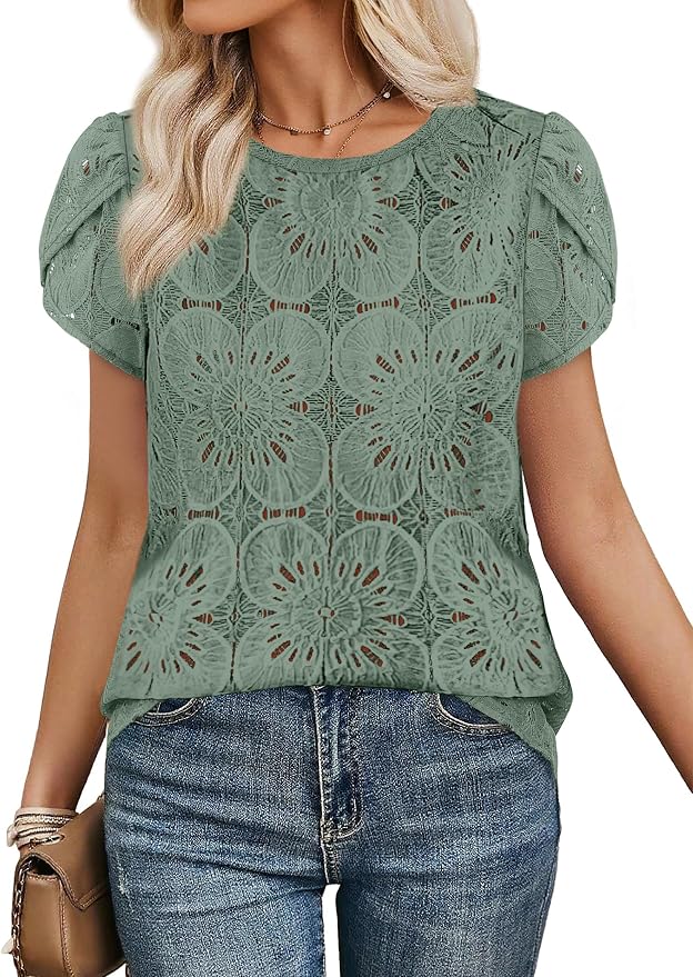 OFEEFAN Blouses for Women Dressy Casual Petal Short Sleeve Shirts Crochet Lace Boho Tops Spring Fashion Summer Outfits - Image 2