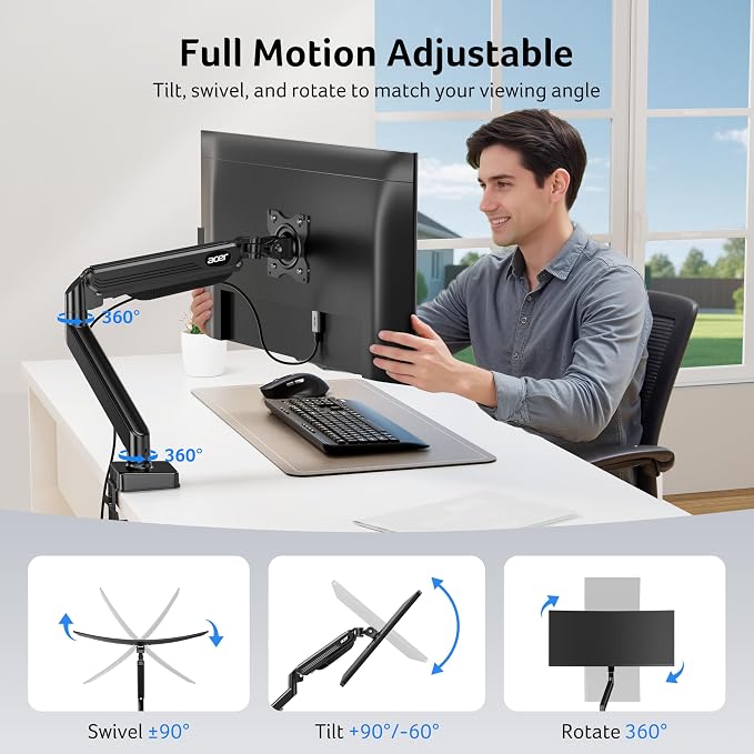 Acer Single Monitor Mount, Fully Adjustable Monitor Arm Fits 17 to 34 Inch Screens, Gas Spring VESA Mount with C-Clamp & Grommet Base, Computer Desk Arm with Tilt Swivel Rotate Supports 4.4-19.8 lbs - Image 3
