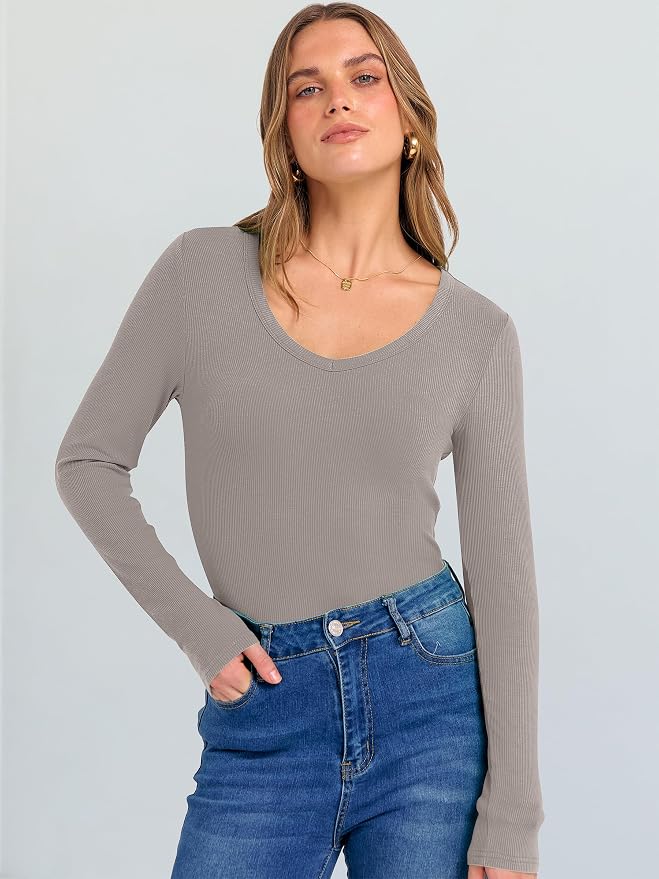 ANRABESS Long Sleeve V Neck Shirts for Women | Soft Comfy Ribbed Knit Fitted Tshirts, Casual Going Out Tops, 2026 Trendy Basic, Fall Winter Underscrub Layering Clothes - Image 2