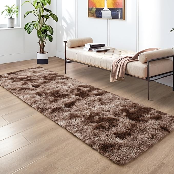 Tepook Fluffy Runner Rugs for Bedroom Aesthetic 2x6 Feet, Shag Soft Bedside Rug with Non-Slip Bottom, Fuzzy Plush Carpet for Room, Hallway Rug for Nursery Dorm Indoor Home Decor, Tie-Dyed Coffee - Image 3