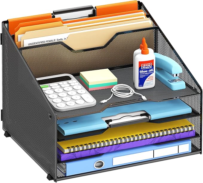 Desk File Organizer, 4 Letter Trays and 2 Upright Sections, Black | Paper Organizer for Desk with Tiered Letter Trays and Vertical File Holders for Home Office, School and Workspace Use by Unknown