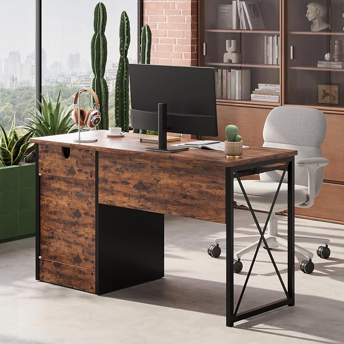 Bestier 47" Computer Desk with Drawers, Home Office Desk with Keyboard Tray, Reversible Industrial Office Desk with Storage Cabinet for Small Space Home Office & Studio, Rustic Brown | Storage Drawer, File Drawer Letter/Legal, Keyboard Tray, Cable Mana... - Image 6