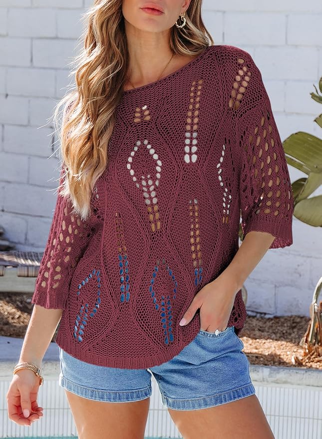 EVALESS Womens Crochet Hollow Out Knit Tops Half Sleeve Spring Summer Sweaters Beach Cover Ups for Women Trendy 2026 - Image 3