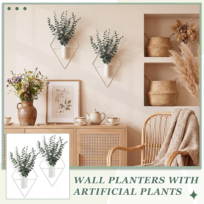 Jexine Hanging Planters with Artificial Eucalyptus Metal Hanging Vase Indoor Plants Holder Modern Geometric Boho Bathroom Wall Decor for Living Room Home Office(Eucalyptus,Matte White,4 Pcs) - Image 4