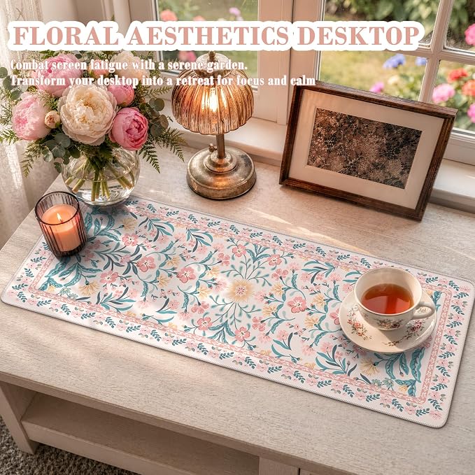 iCasso Aesthetic Desk Mat,31.5x11.8in Mouse Pads, Pink Floral | Anti-Slip Mousepad with Stitched Edges, Waterproof Computer Pad , Desk Accessories Office Decor for Women - Image 6