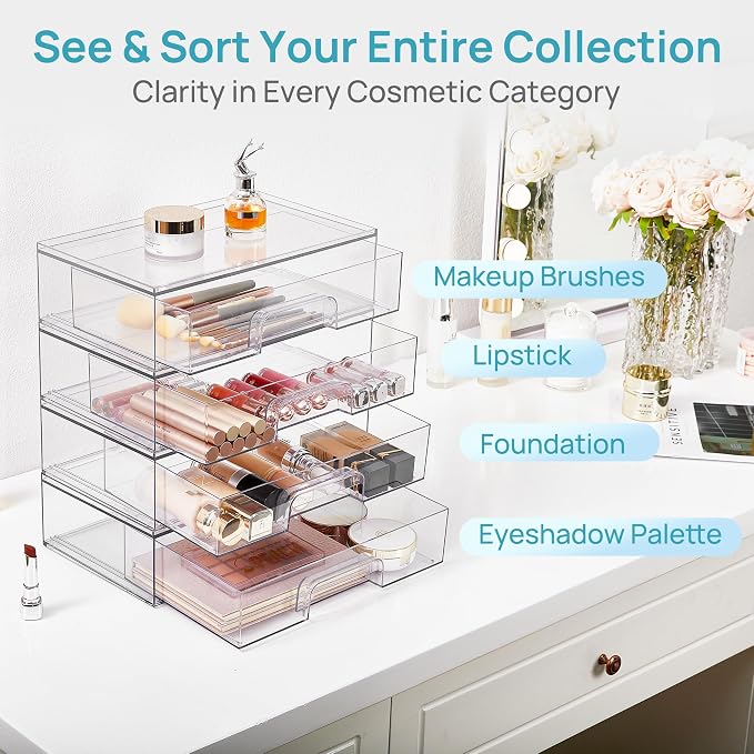 Vtopmart Clear Stackable Storage Drawers, 2 Pack Wide Plastic Organizers | Clear Pull-Out Plastic Drawers, Stackable Design for Makeup Palettes, Cosmetics, Beauty Supplies, Vanity, Cabinet and Desk - Image 4