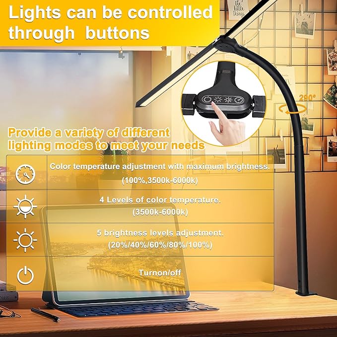 Double Head LED Desk Lamp for Office - Eye Caring Lamp with Clamp | Flexible Adjustable Lighting Gooseneck Desk Light, 4 Color Modes & 5 Brightness Levels for Monitor Workbench Study - Image 4
