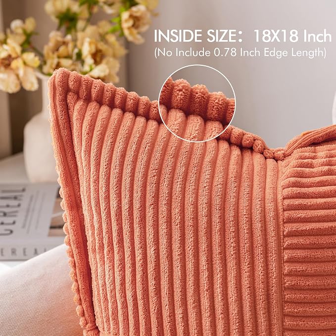 MIULEE Decorative Throw Pillow Covers for Couch Bed Livingroom 18x18 Inch Set of 2 Coral Red Boho Accent Throw Pllows Broadside Striped Patchwork Soft Corduroy Summer Pillowcases - Image 2
