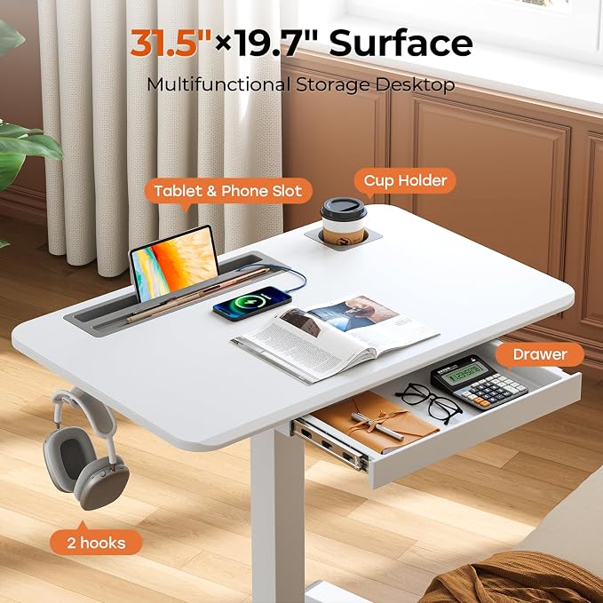 32" Mobile Desk with Drawer, Rolling Standing Desk on Wheels | Height Adjustable Desk with Cup Holder and Hooks, Portable Laptop Cart with Storage for Home Office, White - Image 4
