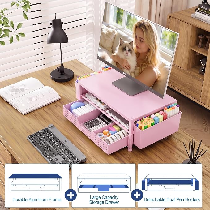 OPNICE Desk Organizers and Accessories, 2-Tier Computer Monitor Stand Riser with Drawer and 2 Pen Holders, Laptop Stand, Office Desk Accessories for Office Supplies, Pink - Image 5