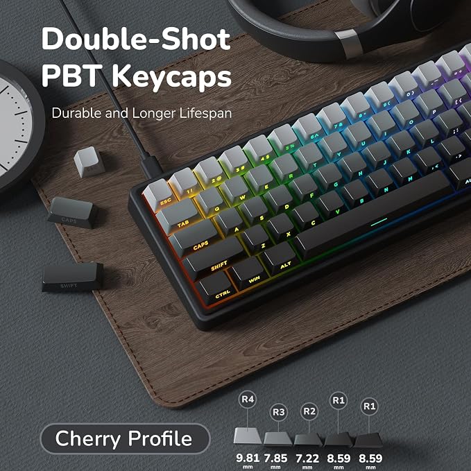 RK ROYAL KLUDGE R65 Wired Gaming Keyboard with Volume Knob, 60% Percent RGB Backlit Mechanical Keyboard, Side Printed PBT Keycaps, QMK/VIA, 66 Keys Hot Swappable Beige Switch, Gradient Black - Image 4