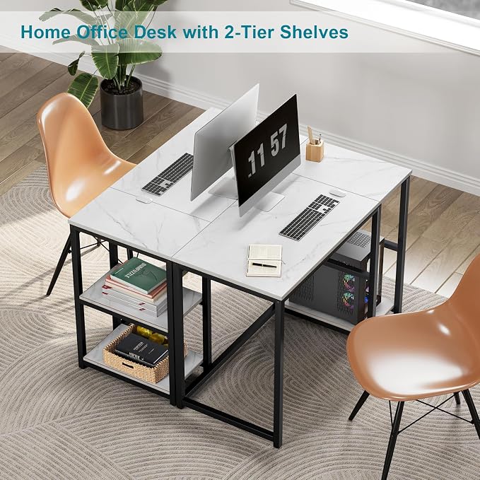 SINPAID Computer Desk 40 inches with 2-Tier Shelves Sturdy Home Office Desks with Large Storage Space Modern Gaming Desk Study Writing Laptop Table, Black Marbling (White Marble, 40 inch) - Image 5