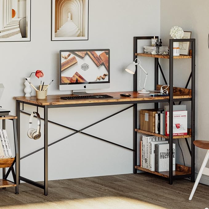 IRONCK Computer Desk 55" with Power Outlet and Storage Shelves,Rustic Brown | Study Writing Table with USB Ports Charging Station, PC Desk Workstation for Home Office - Image 2