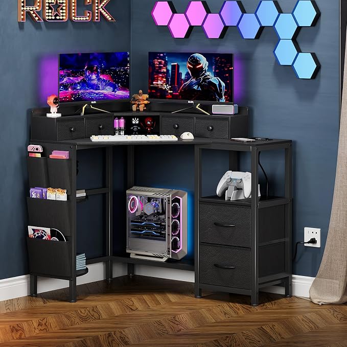 VENNQD Corner Desk with 6 Drawers Shelves for Small Space Computer Desk with Power Outlets,Gaming Desk with Printer Monitor Stand Storage for Home Office Workstation Writing Table (Black, 31.5) by VENNQD