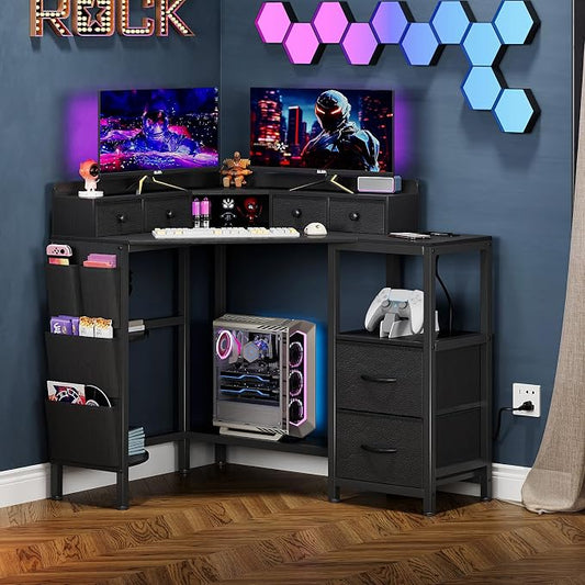VENNQD Corner Desk with 6 Drawers Shelves for Small Space Computer Desk with Power Outlets,Gaming Desk with Printer Monitor Stand Storage for Home Office Workstation Writing Table (Black, 31.5) by VENNQD