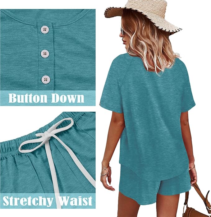 WIHOLL Two Piece Outfits for Women Lounge Sets Button Down Top and Shorts Set Sweatsuits with Pockets - Image 3