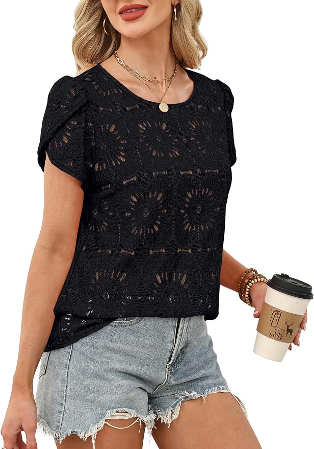 OFEEFAN Blouses for Women Dressy Casual Petal Short Sleeve Shirts Crochet Lace Boho Tops Spring Fashion Summer Outfits - Image 4