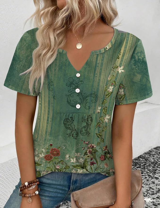 Zeagoo Womens Short Sleeve Tops Summer Henley V-Neck Tshirts Casual Pleated Blouse Dressy Loose Floral Basic Tee - Image 3
