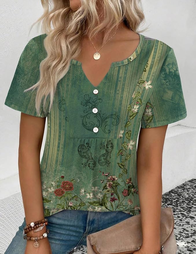 Zeagoo Womens Short Sleeve Tops Summer Henley V-Neck Tshirts Casual Pleated Blouse Dressy Loose Floral Basic Tee - Image 3