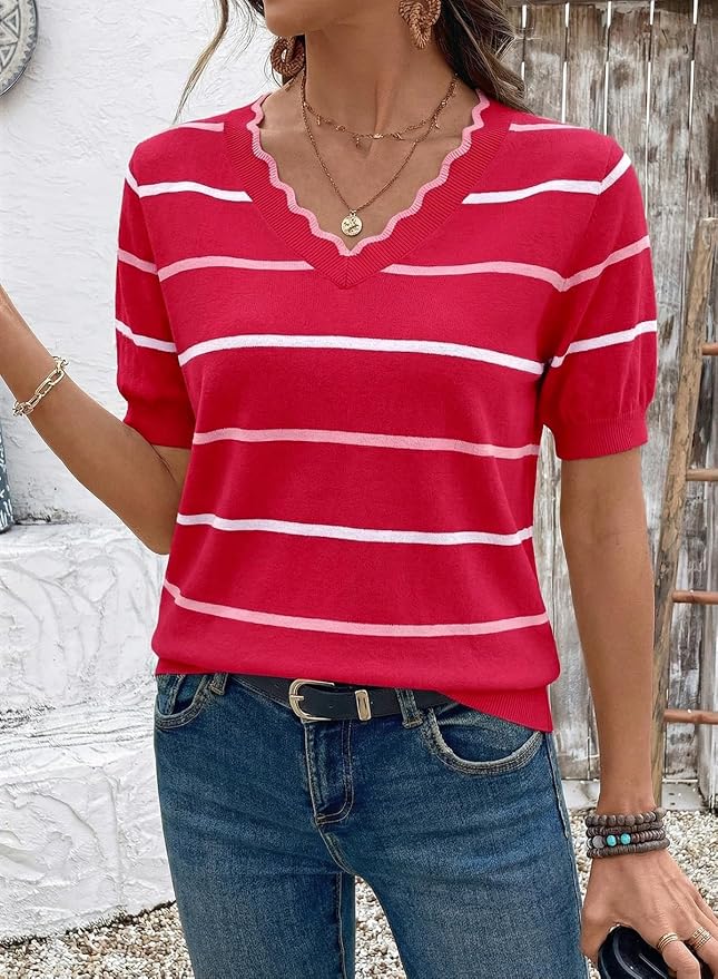 Dokotoo Womens Summer Short Sleeve Knit Tops 2026 Spring Trendy Casual V Neck Striped Sweater Blouses - Image 2