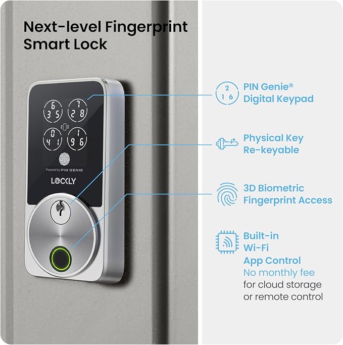 Lockly Secure Pro Smart Door Lock,Fingerprint Keyless Entry Door Lock,Apple Home Key Compatible,Auto Lock, App Remote Control,IP65 Waterproof,Easy Installation - Image 2