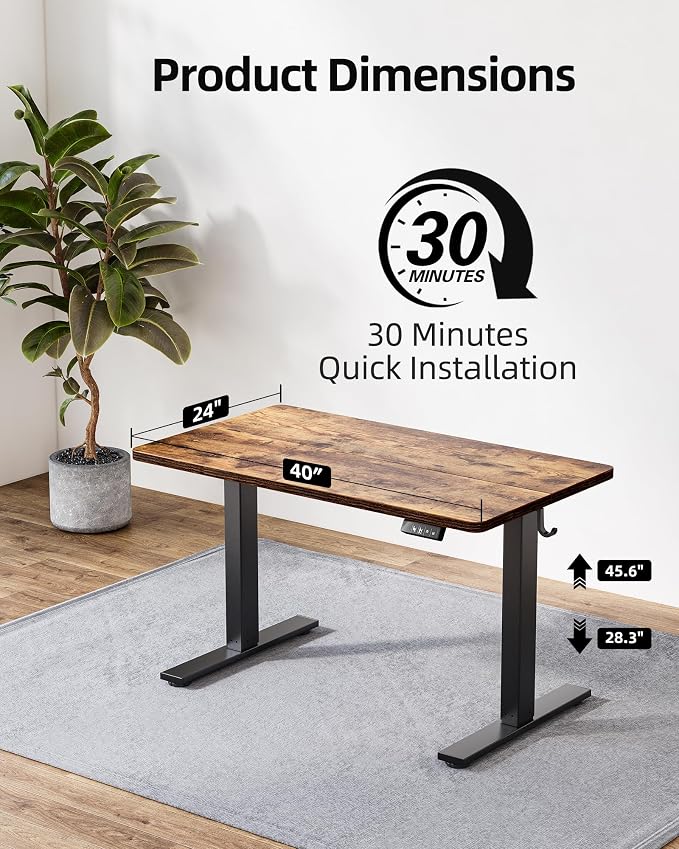 TIQLAB Height Adjustable Electric Standing Desk, 40 x 24 inch, Sit Stand Up Desk, Splice Board, Computer Home Office Desk, Rustic Brown Top - Image 2