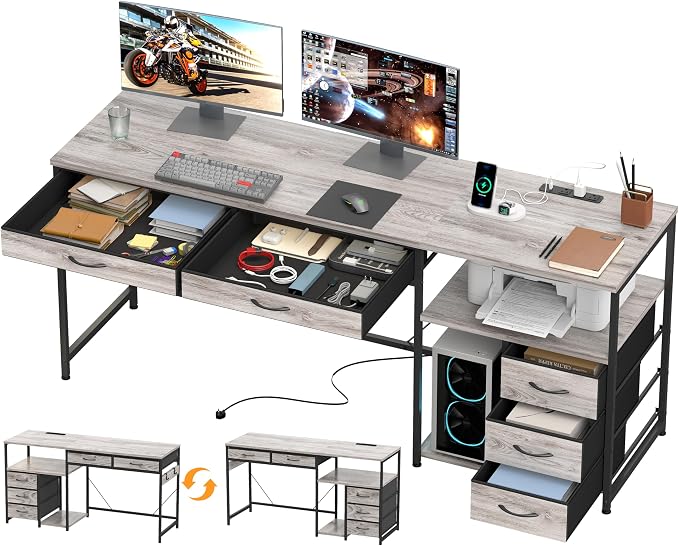 YOSHOOT 60" Computer Desk with 5 Fabric Drawers, Gaming Desk Table | Desk with Storage and Power Outlets, for Adults and Teenagers Working Writing Study, Grey by YOSHOOT