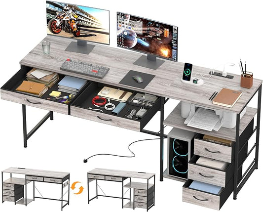 YOSHOOT 60" Computer Desk with 5 Fabric Drawers, Gaming Desk Table | Desk with Storage and Power Outlets, for Adults and Teenagers Working Writing Study, Grey by YOSHOOT