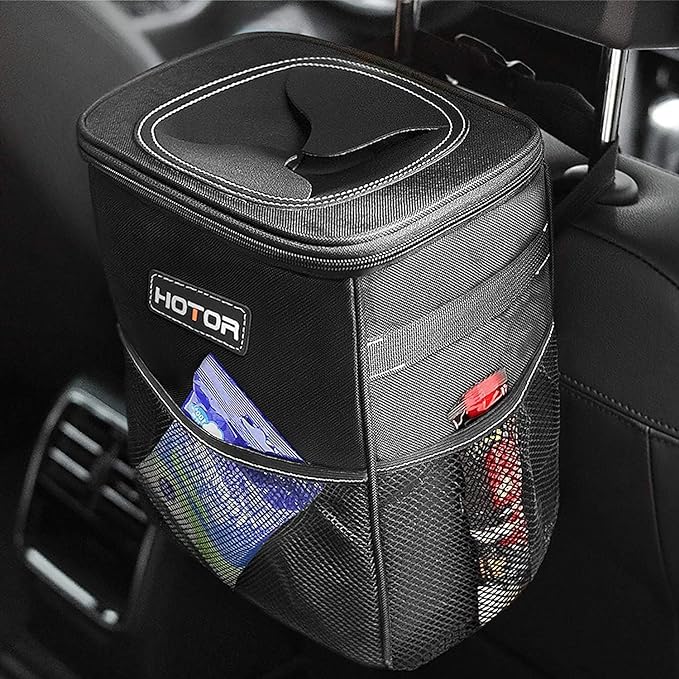 HOTOR Car Trash Can with Lid and Storage Pockets - 100% Leak-Proof Organizer, Waterproof Garbage Can, Multipurpose Trash Bin for Car, 2 Gallons, Black by HOTOR
