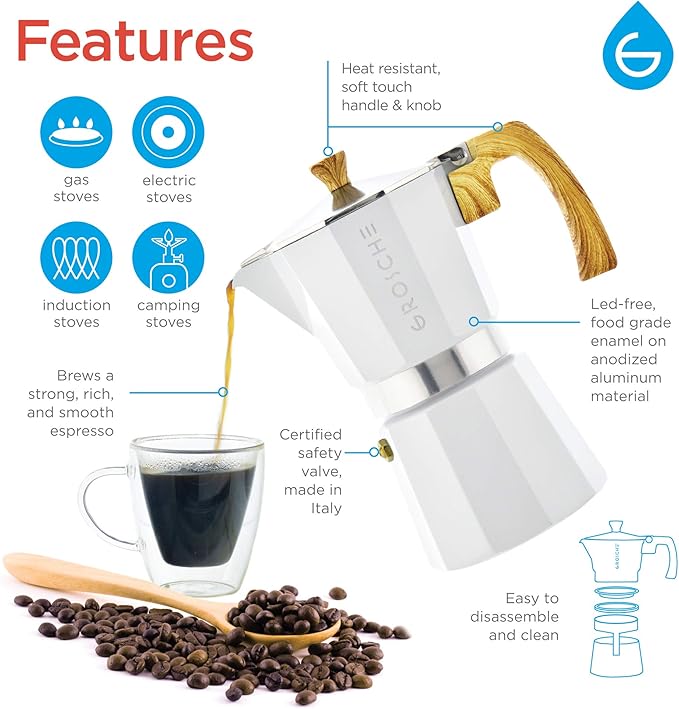 GROSCHE Milano Stovetop Espresso Maker Moka Pot 9 espresso Cup 15.2oz White | Cuban Coffee Maker And Italian Moka Pot For Stovetop Espresso; For Gas, Electric, And Propane Stoves With A Soft-Touch Handle - Image 2
