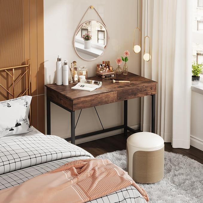 Mexin Small Desk with 2 Wooden Drawers, 40 Inch Home Office Writing Desk, Vanity Desk with Storage, Computer Desk for Bedroom Small Spaces, Table for Office, Kids Study, Makeup, Rustic Brown - Image 4