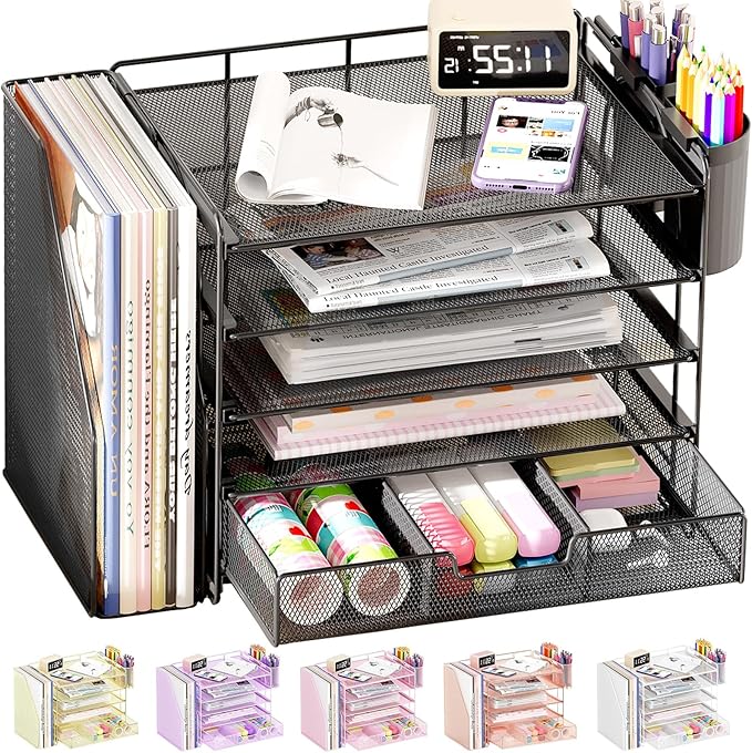 OPNICE Desk Organizer, 5-Tier Desktop File Organizer with Drawer and Pen Holders, Office Desk Accessories, File Sorters, Workspace Organizers for Office Supplies(Black) by OPNICE