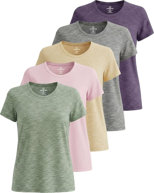 5 Pack Women's Dry Fit Short Sleeve Athletic Gym Workout Running Tops | Available in Plus Size, Exercise, Sports, Fitness, Quick Dry, Cooling, Moisture Wicking, Loose Basic Tees, Yoga, Pilates by RealEssentials