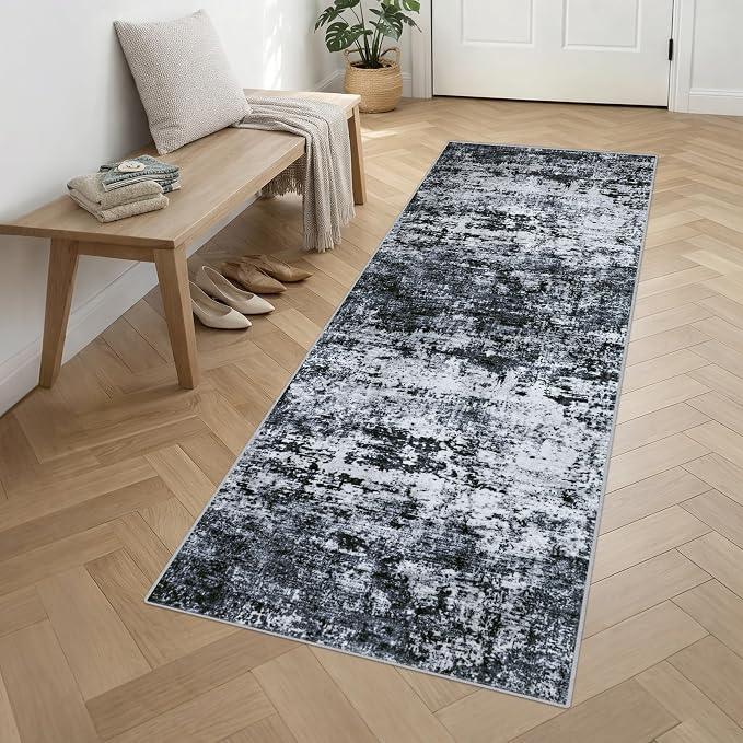 Washable Area Rug 3x10 Entryway Rug: Washable Modern Abstract Soft Thin Rug Indoor Floor No Slip Stain Resistant Carpet for Bedroom Dining Room Farmhouse Nursery Home Office - Black - Image 3