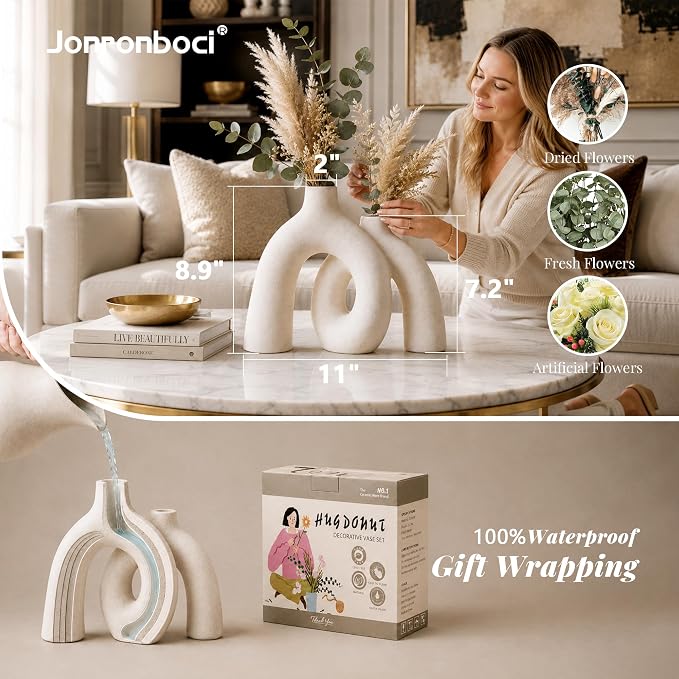 Hug Donut Decorative Vase Set - Modern Nordic Boho Style Vases Home Decor, Matte Ceramic Decorations for Living Room Shelf, Bookshelf Mantle Entryway Table or Console Décor (Cream White) - Image 4