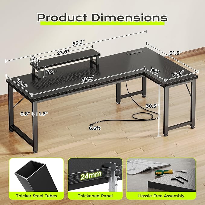 PRAISUN 53" L Shaped Computer Desk, Power Outlets, Monitor Stand, Black | USB-C Ports, Reversible Charging Station, Spacious Desktop & Legroom, 0.94 Inch Thick Desktop, for Gaming, Study & Work - Image 3