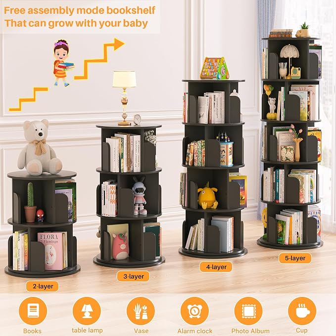 Aheaplus Rotating Bookshelf, 360 Display Wood Spinning Bookshelf Tower, 5 Tier Floor Standing Bookcase Storage Rack, Revolving Bookcase Corner Bookshelf for Small Space, Bedroom, Study Room, Black - Image 6