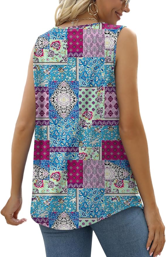 Saloogoe Summer Tank Tops for Women Loose Fit Pleated Square Neck Sleeveless Tops Curved Hem Flowy - Image 4