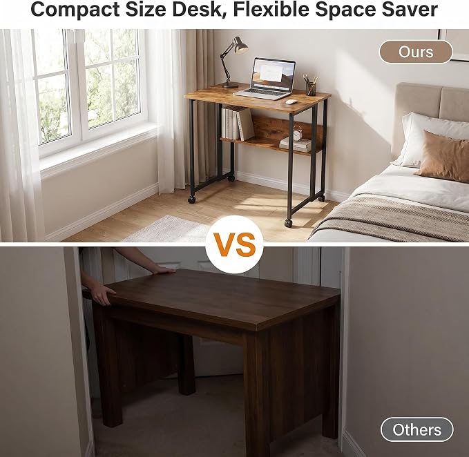 Mobile Foldable Desk w/Wheels and Feet Pads, Foldable Computer Desk, Folding Desk, Small Computer Desk for Small Spaces, Folding Table for Office Bedroom Living Room-Rustic Brown - Image 5