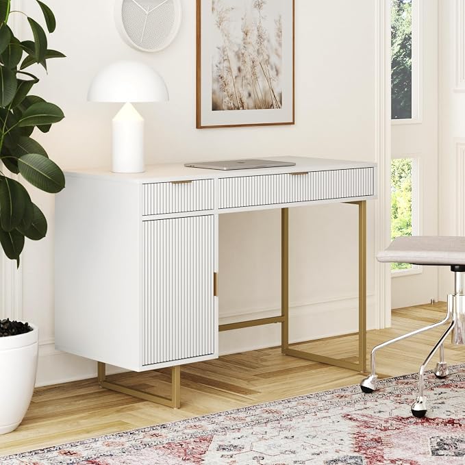 Nathan James Jacklyn White Modern Computer Desk, Workstation or Writing Desk for Small Spaces with Drawers and Cabinet Storage, White/Pale Gold by Unknown